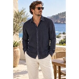Raffi Pure Linen Shirt Washed Navy Long Sleeve Coastal Resort Relaxed